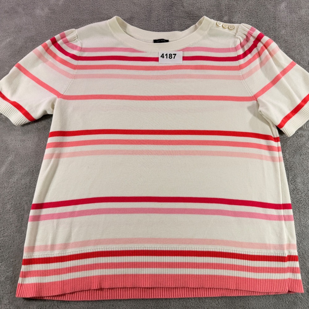Talbots Sweater Women 1X White Red Pink Striped Short Sleeve Button Shoulder